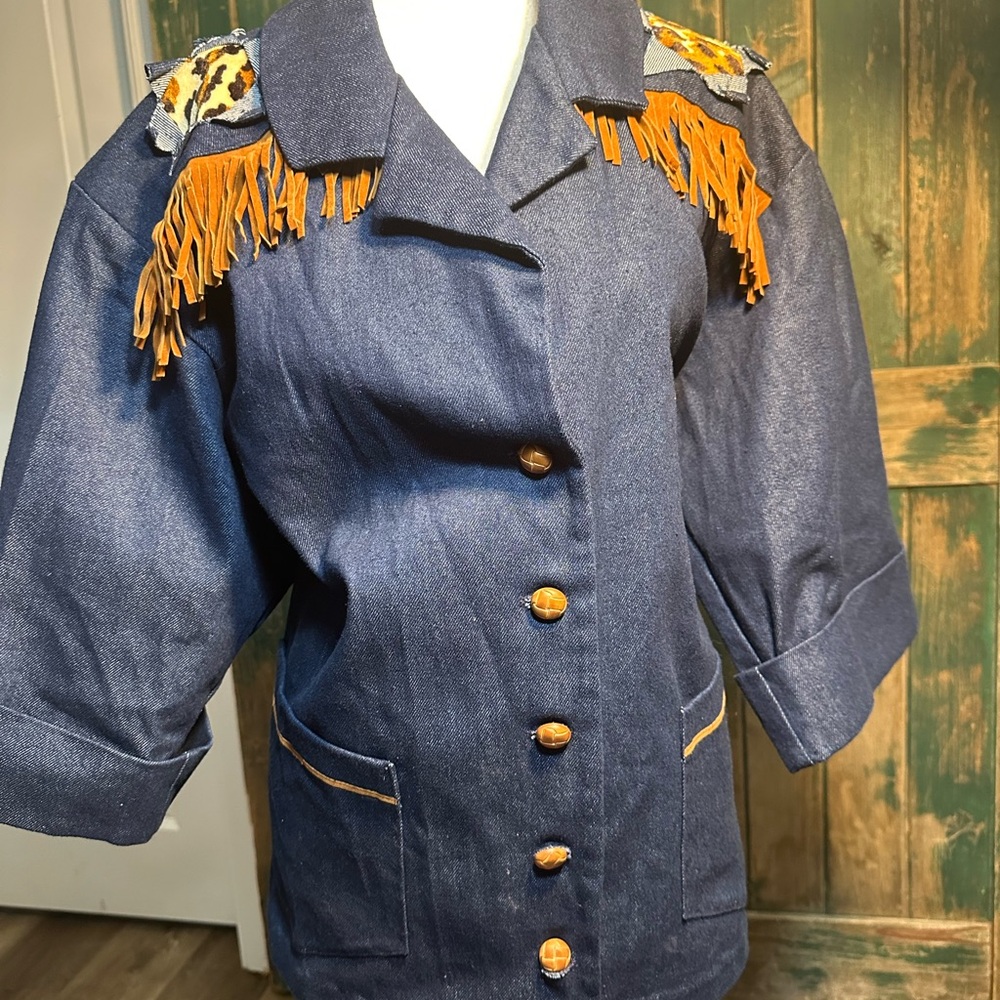 Oversized One-of-a-Kind Denim western Fringe Western Blazer  women size xl - Picture 8 of 16